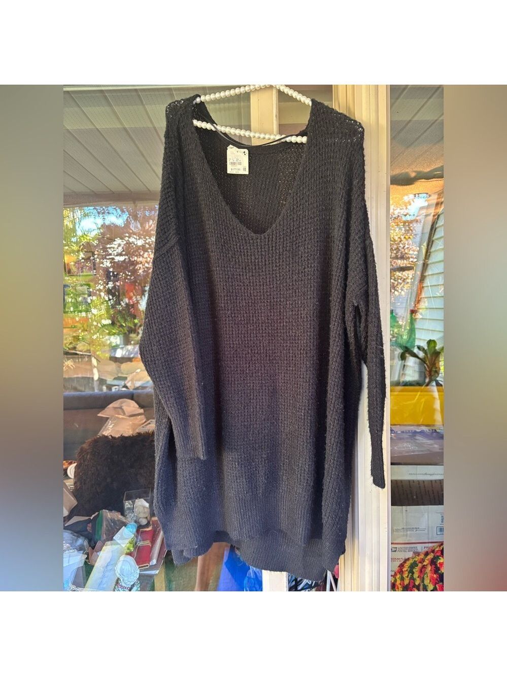 NWT FREE PEOPLE Oversized Black Waffle-Knit Slouchy Sweater • V-Neck • Fit S–3XL - Picture 2 of 13